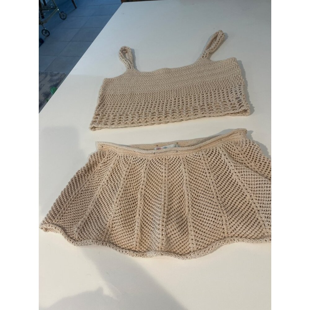 Beige Crochet Crop Top & Skirt Set By FP Beach U.S. Small Handmade-Look Knit Lig